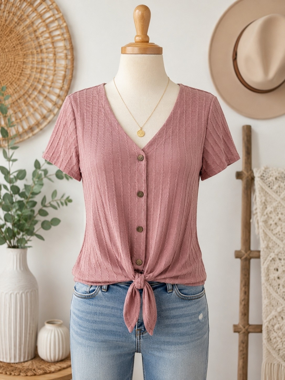 Weatherproof Mauve Button-Front Tie Short Sleeve Top